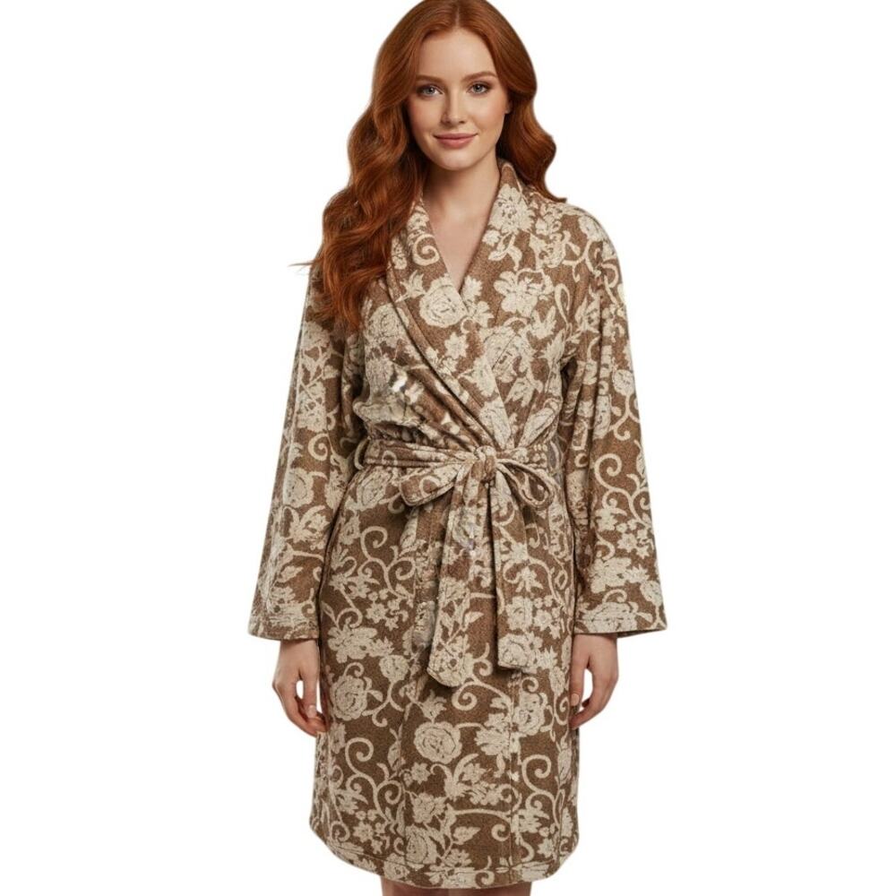 Soma Plush Robe Womens Small/Medium Gold White Floral Belted Soft Bathrobe